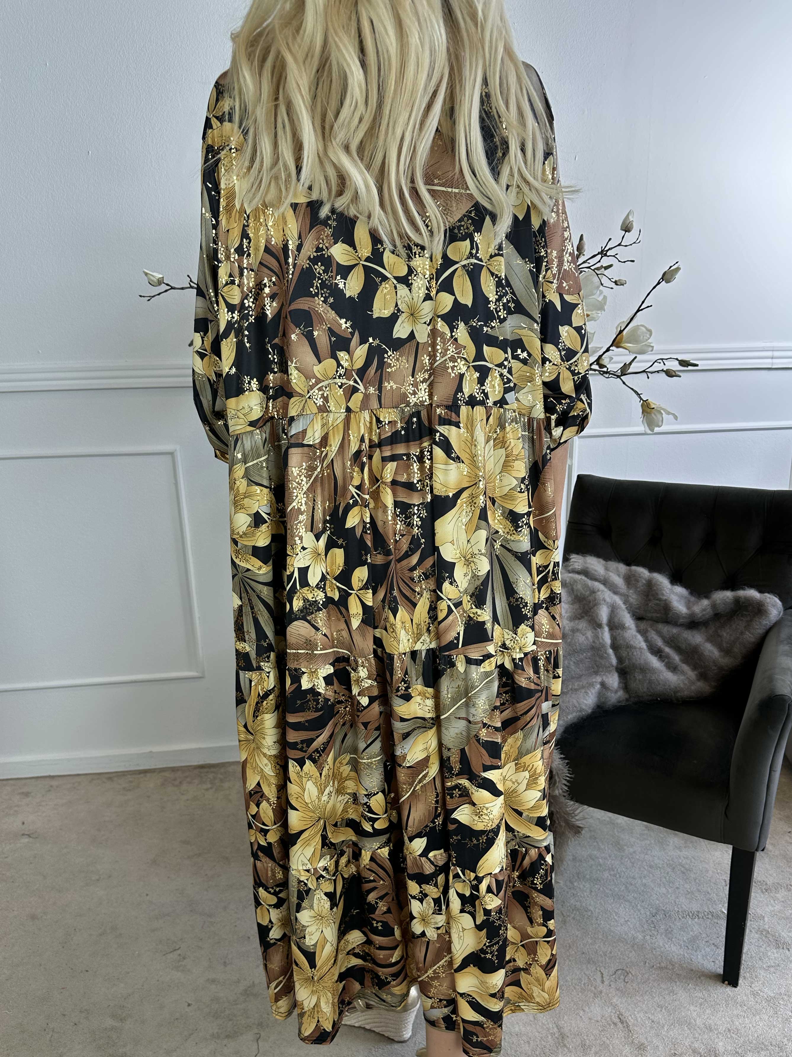 Milano Gold Flower - Lang blomstret kjole med lag på lag look